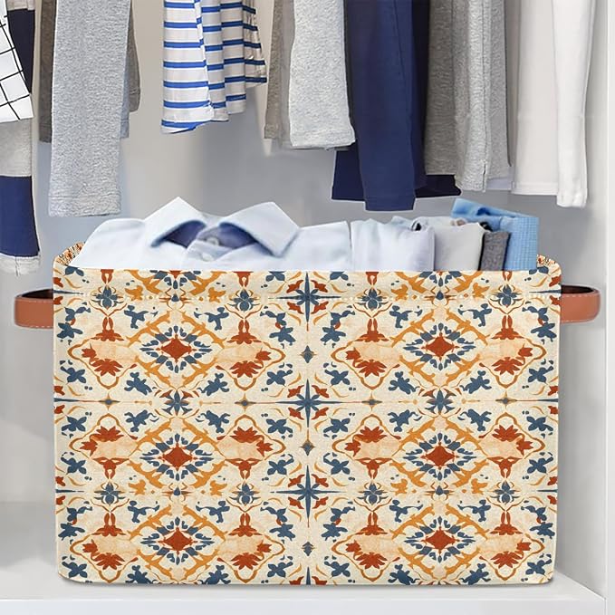 Rectangle Storage Baskets for Shelves, Blue Orange Tribal Floral Storage Cube Organizer Bins Collapsible Toy Basket for Nursery Home Room