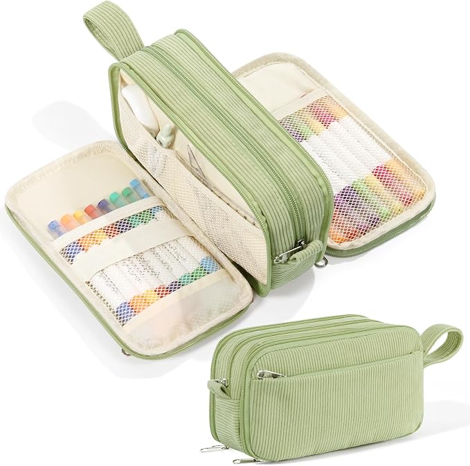 BuyCard Sage green Large Capacity Corduroy Pencil Case, Zipper Pouch, Casual Style, Supplies Organizer for Teen Girls, Boys, Women and Men
