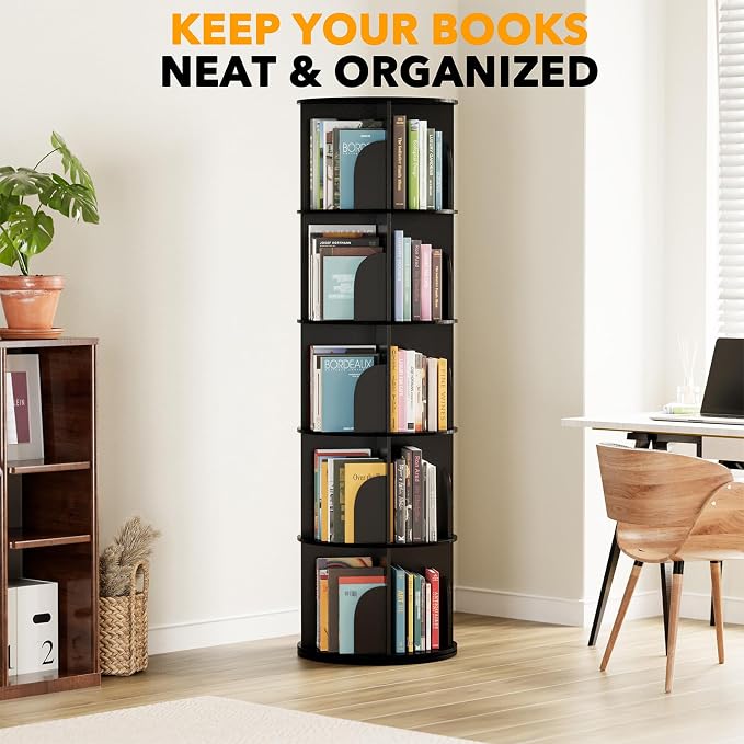 SpaceAid 5 Tier Rotating Bookshelf Tower, Spinning Bookcase Lazy Susan, Revolving 360 Book Shelf Storage Round Carousel, Vertical Rotate Turning Spiral Corner Organizer, Black