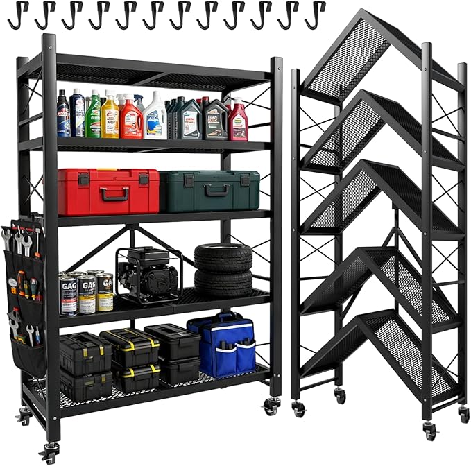 Folding Storage Shelves, Heavy Duty Garage Shelving Unit, Adjustable Metal Standing Storage Rack Shelf, No Assembly Wire Shelving Organizer with Wheels for Kitchen Pantry Warehouse (5-Tier, 1 Pack)