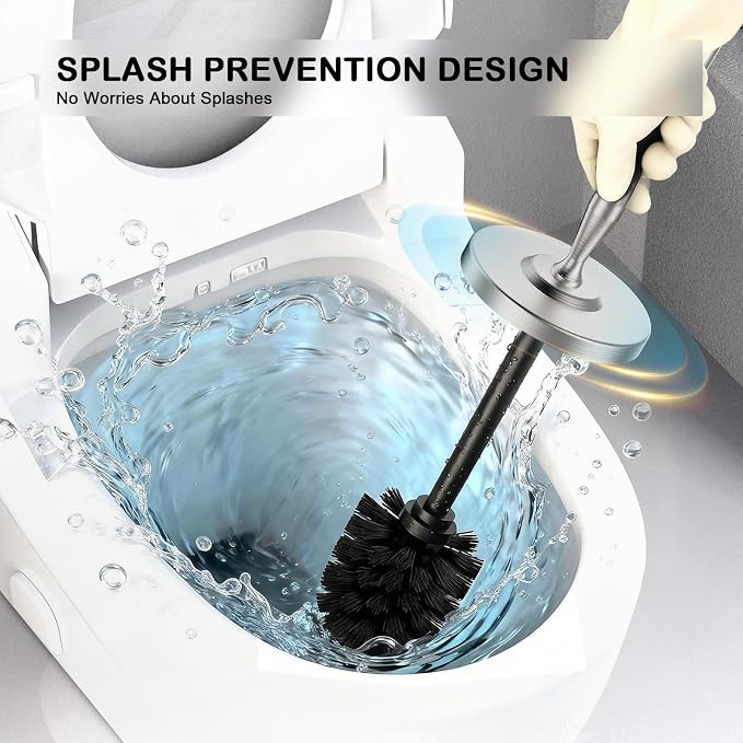 Stainless Steel Toilet Brush and Holder Set : Weighted Stable Base, Removable Inner Tube.Long Handle Toilet Bowl Brush Splash-Proof Design for Deep Cleaning & Space-Saving Storage,Nickel