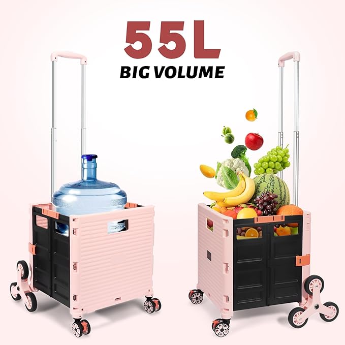 FELICON SELORSS Folding Utility Cart Portable Rolling Crate Handcart with Stair Climbing Wheels&360°Swivel Wheels Telescoping Handle Plastic Box Dolly for Travel Shop Move Office Teacher Use(Pink)