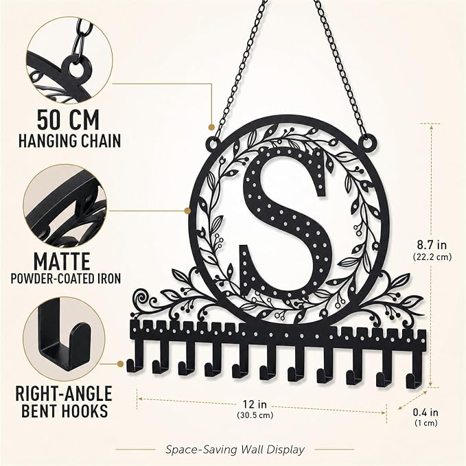 Personalized Wall Mounted Metal Initial Letter S Earring Holder Jewelry Organizer for Earrings and Necklaces Space Saving Wall Display with Hooks Jewelry Storage Bedroom Vanity Gift for Women