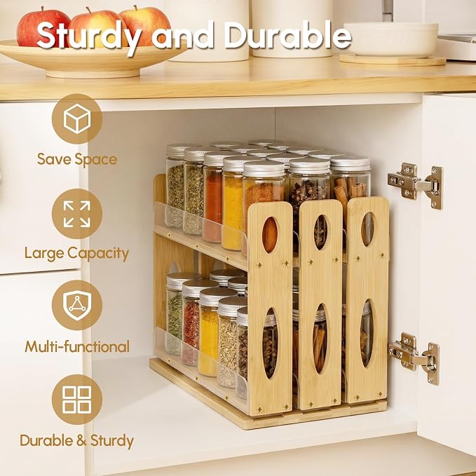 Spice Organization for Cabinet, Kitchen Pull Out Spice Rack Organizer | Bamboo Slide Out Seasoning Pantry Sliding Vertical Organizers, 7.6" Wide, 3 Drawers(2" Wide), 2 Tiers, Assemble Needed