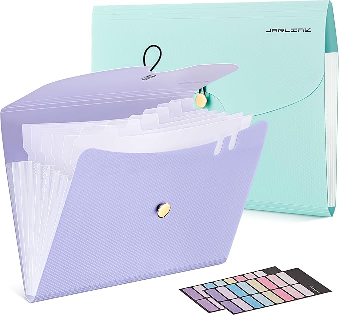 JARLINK 7 Pockets Expanding File Folder, A4 Accordion folders,Blue & Purple | Accordion File Folders with 12 Labels, Portable Document Organizer for Home, College, School, and Office Supplies