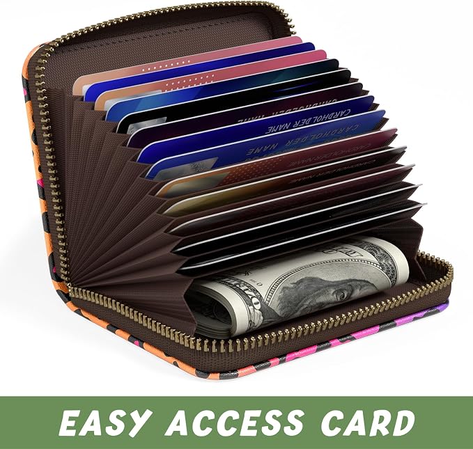 Aiawoxc Credit Card Holder, Small RFID Wallet Slim Leather Card Organizer Case with Zipper and Keychain, Colorful Leopard Print