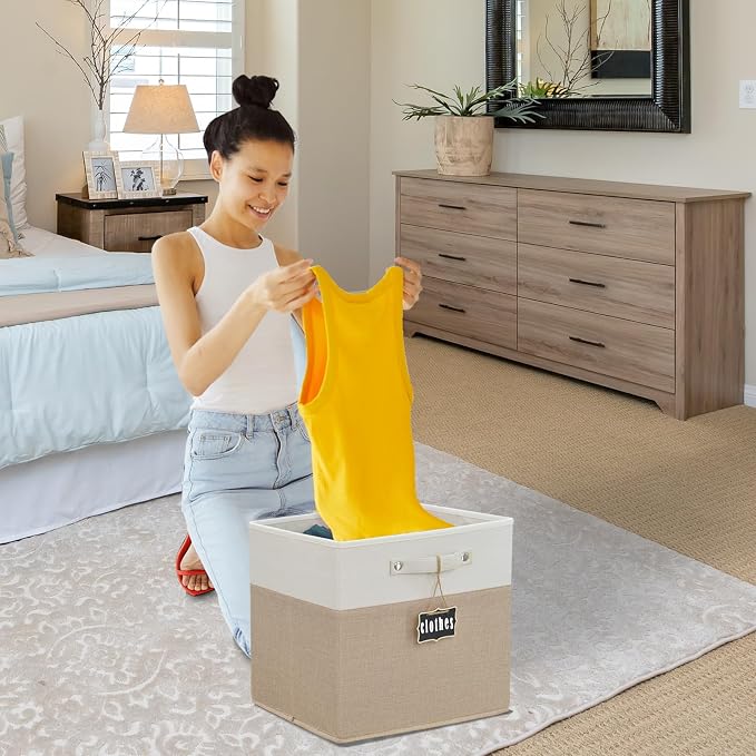 13x13x13 Inch Large Foldable Fabric Linen Cube Storage Bins【4-pack】, with Cotton Handles Closet Bins for Cabinet Shelves Home Organization and Storage bins(White&khaki)