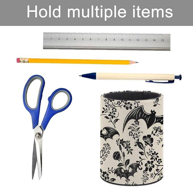 Gothic Bat Flowers Pen Holder Pencil Cup for Desk Organizer | Cute Makeup Brush Holder PU Multifunctional Office Suppliesfor Decor Home Classroom School