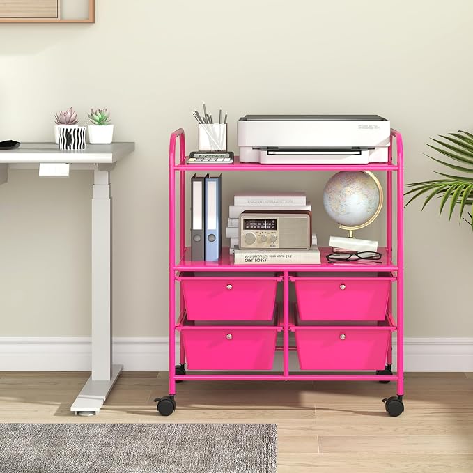 Moccha Rolling Storage Cart with 4 Drawers - Storage Drawers Organizer with wheels for Craft Art Supply Paper Salon, Scrapbook Paper Tools, Movable Utility Cart for Classroom School Studio, Hot Pink