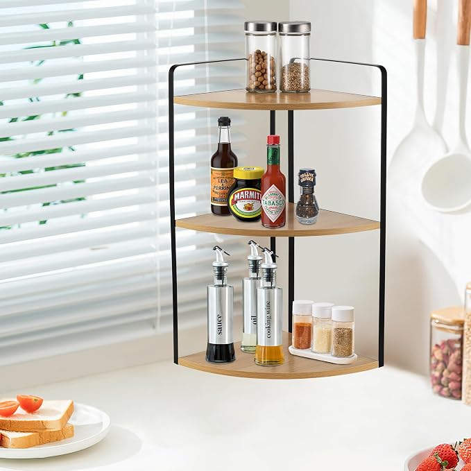 3 Tier Corner Bathroom Counter Organizer, Countertop Organizer, Makeup Organizer Countertop, Bathroom Storage Sink Shelf, Wooden and Metal Counter Shelf (Large Capacity-Rustic Walnut)