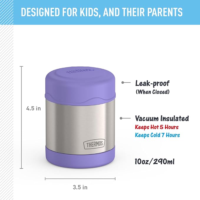 THERMOS FUNTAINER Kids Food Jar, 10oz, Purple | Kid-Friendly Stainless Steel Insulated Food Container, Keeps Food Hot or Cold Longer for School & Play, BPA Free
