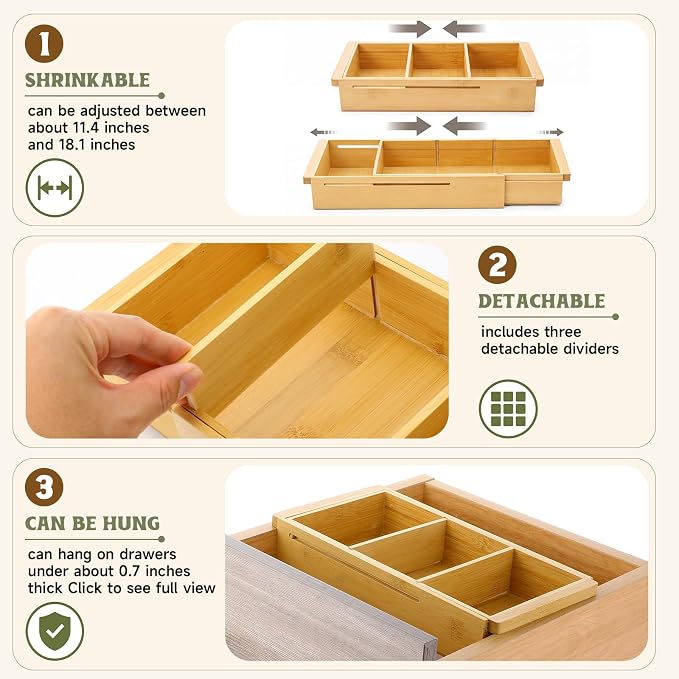 Yookeer 4 Pcs Expandable Drawer Organizer Adjustable Hanging Deep Drawer 11.4'' to 18.1'' Bamboo Wood Dividers Storage Tray for Desk Kitchen Bedroom Bathroom Office Supplies