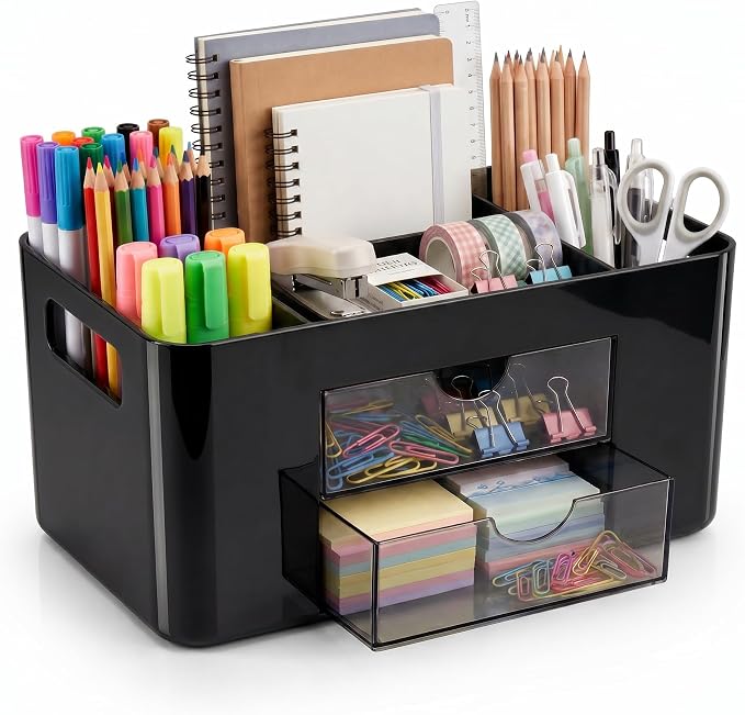 Black Desk Organizer with Drawers, 4 Slots, Side Handles, Pen Holder | Desktop caddy for office supplies, makeup brushes, art & vanity | 5 compartments, 2 pull-out drawers, built-in side handles