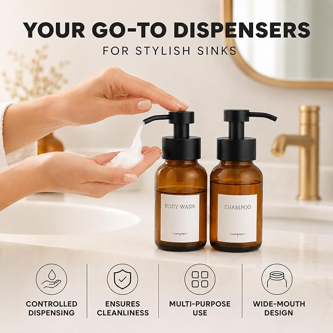2Pcs Amber Glass Foaming Soap Dispenser - 8.5 oz Amber Glass Soap Dispenser with Pump, Compatible with Hand Soap, Dish Soap, Shampoo and Gel, Durable, Stylish & Refillable for Bathroom and Kitchen
