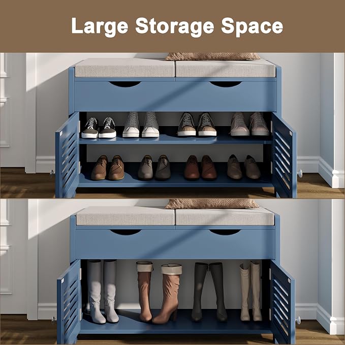 ChooChoo Shoe Storage Bench with Lift Top Storage & Cushioned Seats | 29.5" Entryway Bench with 3 Compartments & Adjustable Shelf, for Entryway, Blue