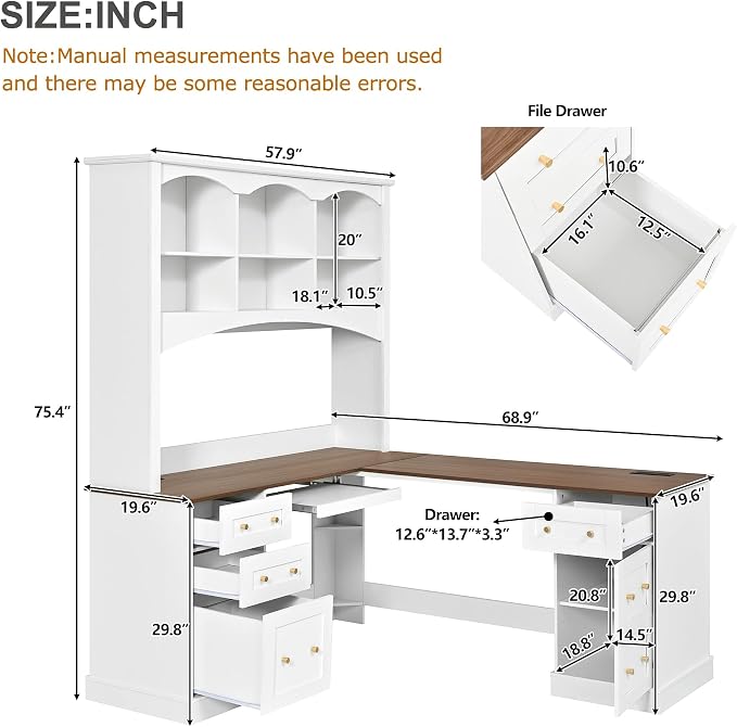 Merax L Shaped Desk White, Corner Computer Desk with Dual Charging Stations & Keyboard Tray, Farmhouse Home Office Desk with Hutch, File Drawer & Storage Cabinet, Space Saving Workstation