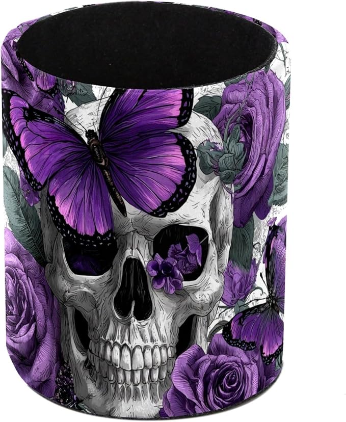 Faux Leather Pen Holder for Desk, Pencil Organizer Purple Butterflies and Skulls Pen Cup Desk Decor Makeup Brush Holder Storage for Office Home