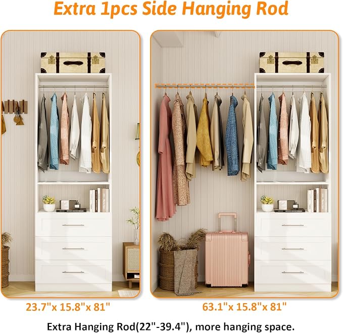 Closet System with Wooden Drawers, 4FT Closet Organize System with Drawers & Hanging Rods &for Walk in Closets, 2PCS*24" Freestanding Closet System, White(4FT)