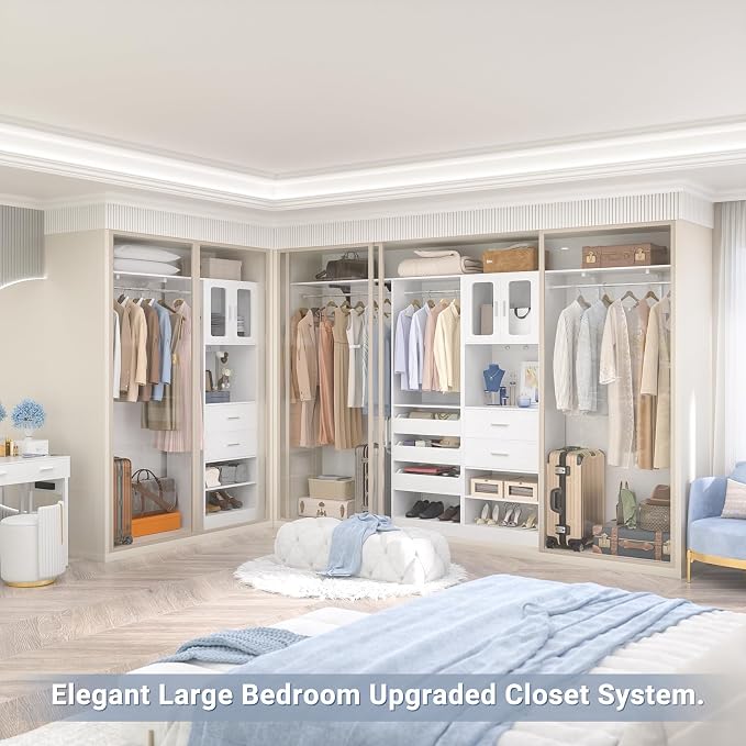 6.7FT-10FT Closet System Set with Half-Open Drawers, 80.5''-120" Wooden Modular Wardrobe Set with Shelving Towers, 80'' Height Closet Organizer with Hanging Rods and 2 Big Wing Shelves, White