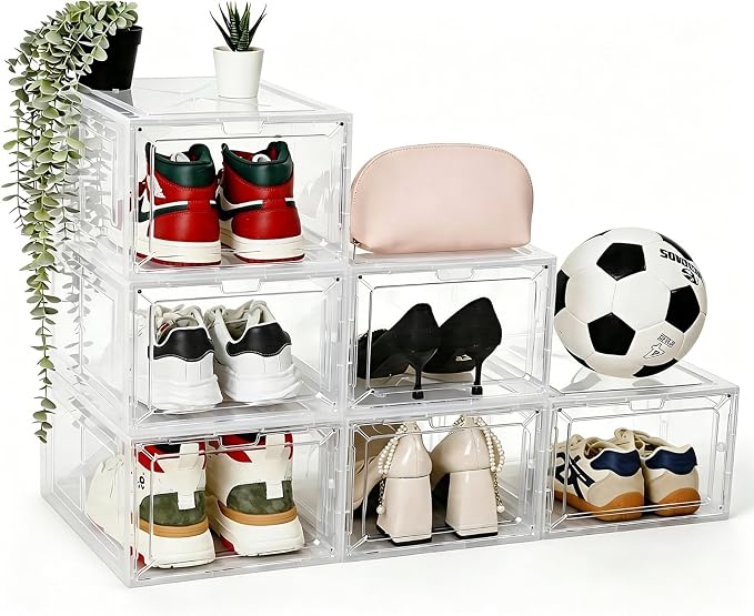 Clear Shoe Storage Boxes,2026 2nd Gen Thickened Hard Plastic Stackable Organizer with Magnetic Door,Folding Shoe Racks for Closet,Large Sneaker Display Cases for Sneakers and Ankle Boots,6 PCS