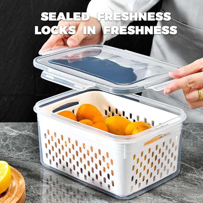 3PCS Fruit Storage Containers for Fridge – Airtight Produce Saver with Removable Drain Basket, BPA-Free Berry Keeper, Stackable Food Storage Containers for Vegetables, Lettuce & Meal Prep (Blue)