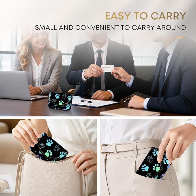 Business Card Holder，PU Leather Business Card Case Wallet Dog Paw | Pocket Travel Name Card Case for Men and Women Gift，Portable Magnetic Business Card Carrier for Purse