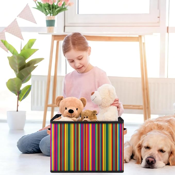 Mexican Stripes Closet Storage Bin, Foldable Storage Baskets for Shelves, Decorative Shelf Organizer Colorful Vertical Line Fabric Cube Bin for Living Room Bedroom Home Dorm