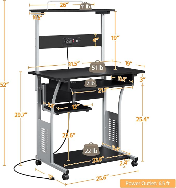Topeakmart Rolling Computer Desk with Charging Station and 2 USB Ports for Small Space, Study Writing Desk with Keyboard Tray and Printer Shelf for Home Office, Compact Study Table with Wheels, Black