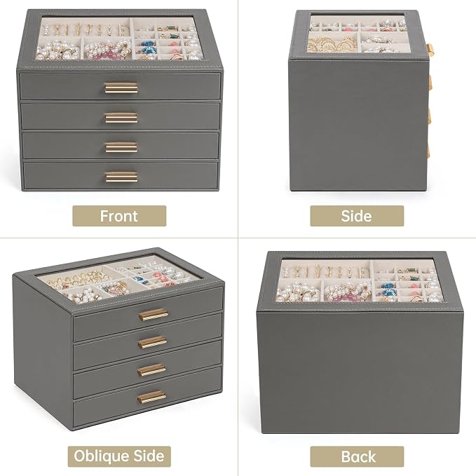 AKOZLIN Jewelry Box with Clear Lid Functional Leather Jewelry Storage Organizer Case 4 Drawers for Women Girls Necklace Ring Bracelet Earring DarkGrey