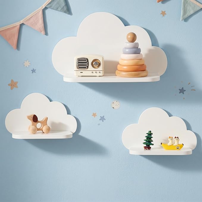 Floating Cloud Shelves,Set of 3 Wall Mounted White Wavy Shelves | White Wall Shelf Floating Wooden Wall Mounted Shelves Clouds Dispaly Shelf for Kid’s Room,Toys, Plants & Storage