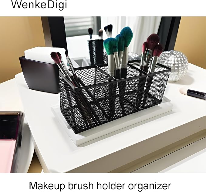 Metal Mesh Pencil Holder, Spacious 3-Compartment Desk Organizer for Pens, Makeup Brushes, Utensils, Multipurpose Office, School ,Kitchen, Home Desktop Storage, 10.43 x 3.35 x 4.04 Inches, Black