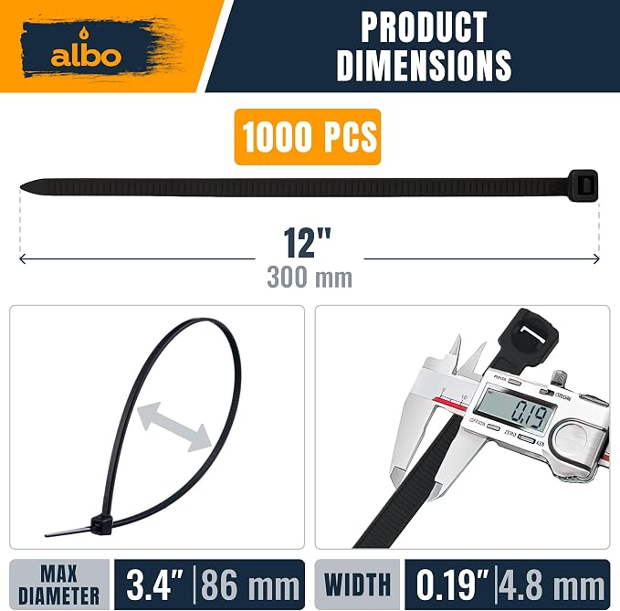 ALBO Zip Ties Black 12 Inch 1000 Pack 50 lb, Long Plastic Cable Ties Thick 0.19 Inch Tie Wraps Heavy Duty UV Resistant Nylon Wire Ties for Indoor and Outdoor