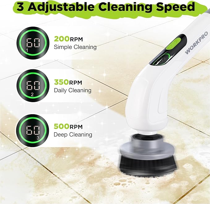 WORKPRO Electric Spin Scrubber, Cordless Cleaning Brush, 3-Speed, Long Adjustable Handle & 8 Replaceable Brush Heads, Waterproof Scrubber for Bathroom, Kitchen, Bathtub, and Floor, for Women
