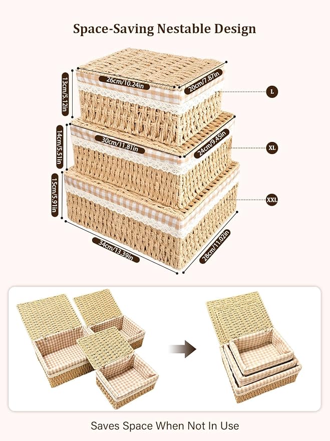 Set of 3 Wicker Storage Baskets with Lid and Liner Woven Storage Bins | Rectangular Woven Storage Bins for Shelves, Multipurpose Container Organizing Boxes for Home Wardrobe Bathroom Bedroom Decor