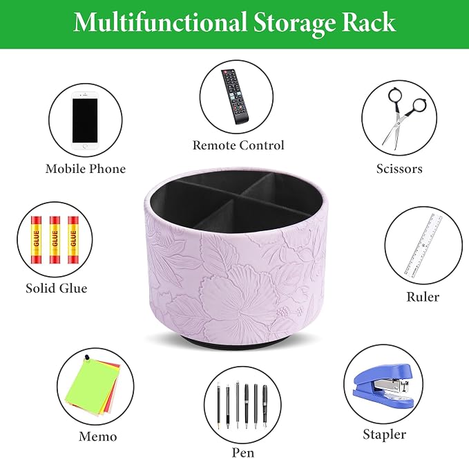 Round Leather Art Supply Organizer,Remote Control Holder,360 Degree Spinning,Multi-Functional Pencil Holder,4 Compartments Desktop Stationary Organizer(1-Carved Purple)