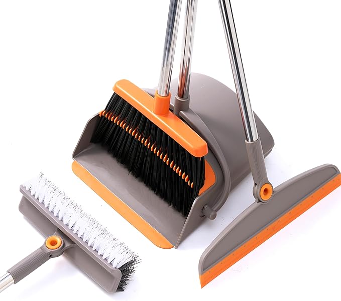 Multifunction 3-in-1 Broom and Dustpan, Silicone broom Squeegee and Scrub Brush Set with Long Adjustable Handle for Indoor & Outdoor Sweeping and Scrubbing, Ideal for Pet Hair, Liquids Spills and Dirt