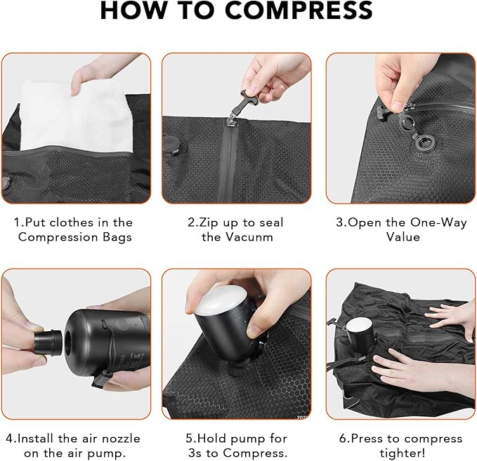 CKline Vacuum Bags for Travel Luggage with Electric Pump, IP67 Reusable Vacuum Compression Bags for Travel, Backpack & Suitcases | Space-Saving Vacuum Seal Packing Cubes for Clothing (1PC-M-PUMP)