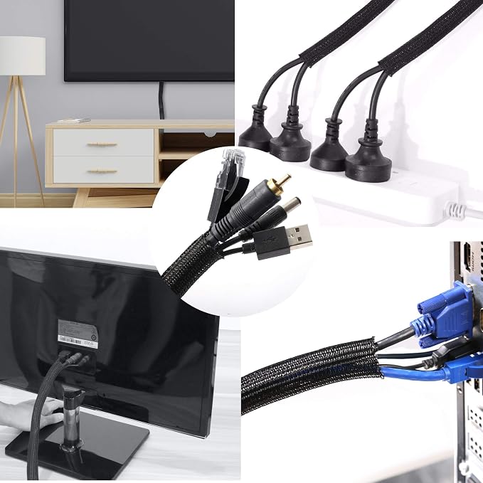 Cable Management Sleeve, Split Design, 25FT - 3/8 Inch, Black | Cord Protectors from Pets | Heat & Abrasion Resistant Wire Loom | Automotive Wiring & Home Office Cable Organization