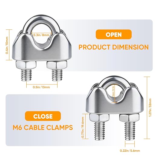 40Pcs 1/4 inch 304 Stainless Steel Wire Rope Cable Clamp,M6 Wire Rope Clips U Bolt Saddle Fastener for Tent Ropes and Rigging Rope