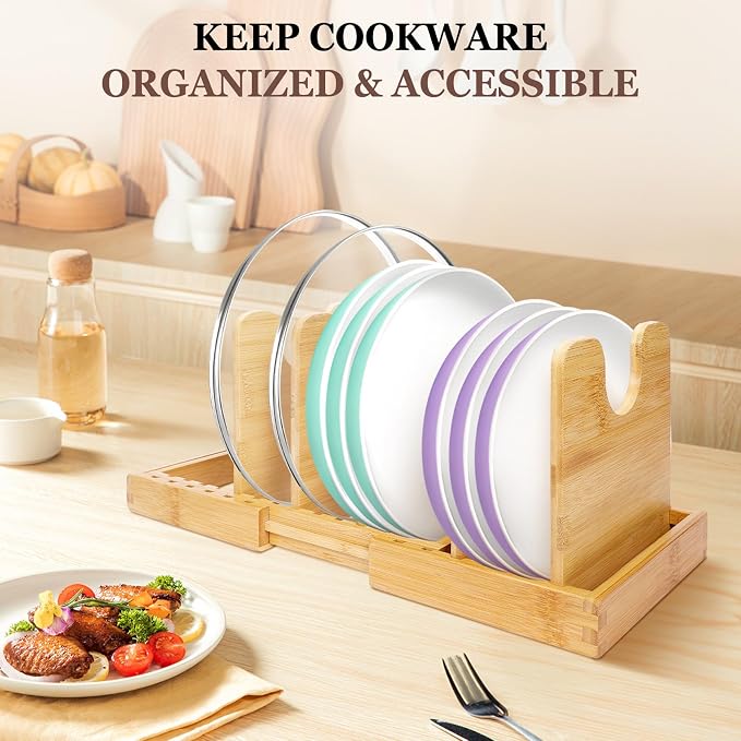 Bamboo Expandable Pot Lid Organizer, Pots and Pans Holder Rack for Cabinet | 8pcs Removable Dividers, Customized Storage, Space-saving, FSC-certified Bamboo, No Assembly