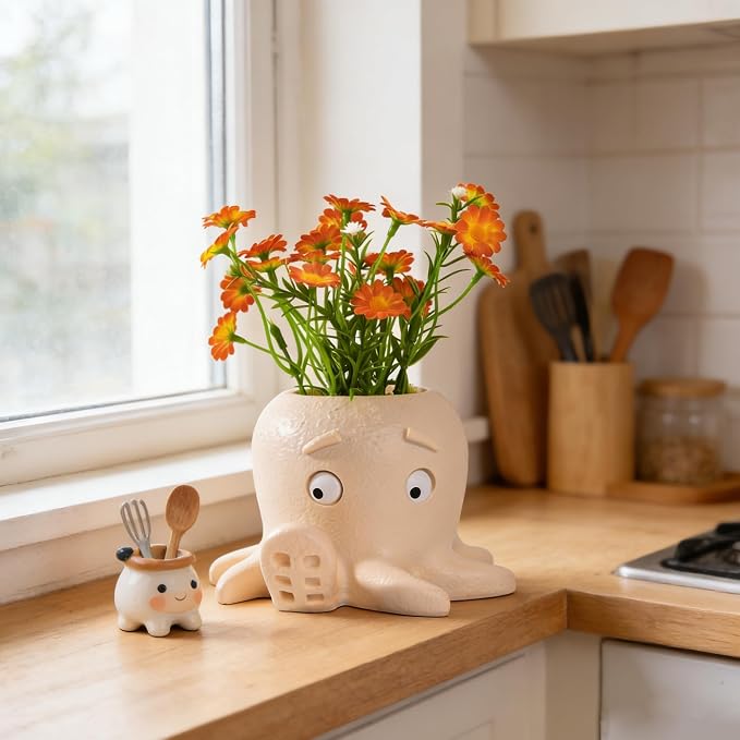Octopus Pen Holder for Desk, Cute TPR Pencil Cup & Flower Pot, Holds 10 Pens, Drop-Resistant Desk Organizer for Kids Office Home, Creative Gift for Ocean Lovers