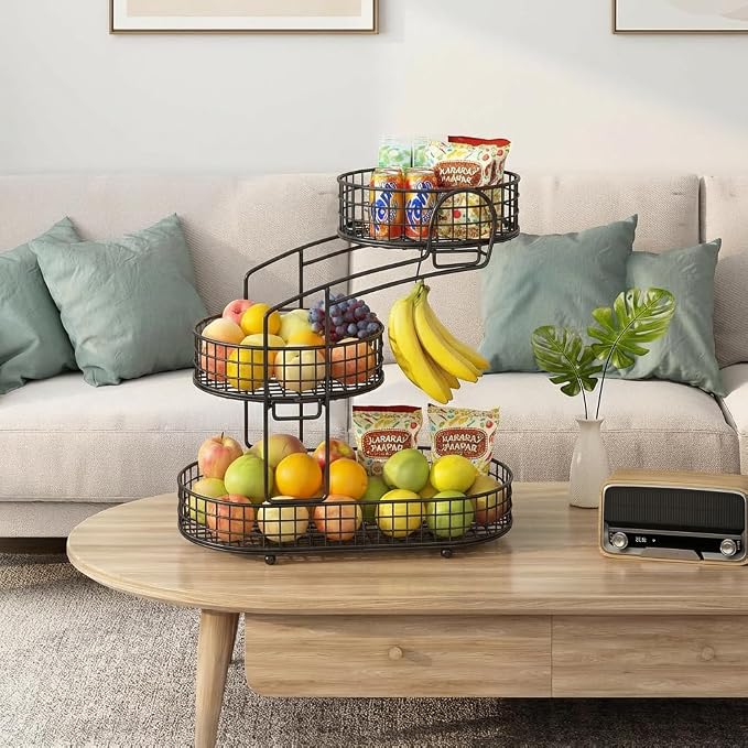 KMV Metal 3-Tier Fruit Basket Vegetable Storage Basket for Kitchen Counter, Detachable Organizer for Bread Snack Produce (Black)