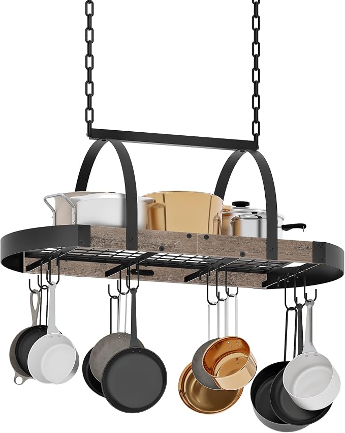 CHOEZON Hanging Pot Rack, Pot Hanger for Kitchen, Ceiling Mounted Pot Holder, Cookware Organizer with 12 S-Shaped Hooks, for Pot, Pan Storage, Space-Saving, Greige and Black TPR08BGC1