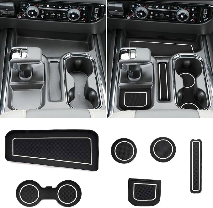 For 6PCS Refreshed Models 2022-2026 Silverado/Sierra 1500 & 2024-2026 Sierra 2500 3500 Console Liners-[3D High-Edge Liquid Silicone] Cup Holder Mats,Full Console w/Bucket Seats ONLY - White