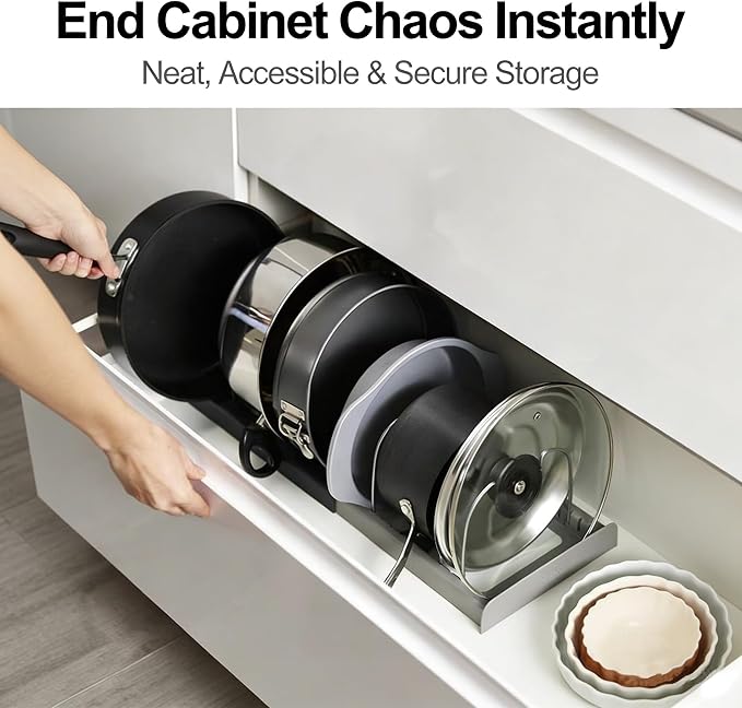 Pan Lid Organizer Inside Cabinet Expandable 12-22 Inch Kitchen Organizer Rack with 7 Dividers For Pot lid, cookware, baking pans and cutting boards