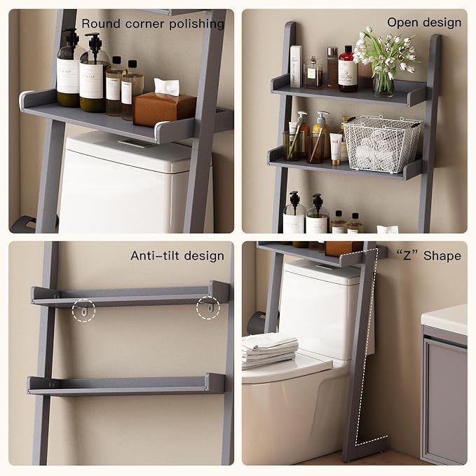 Solid Bamboo Over Toilet Shelf,3 Tier Bathroom Shelf with Anti-Slip Base | Solid bamboo over the toilet storage – naturally moisture-resistant for bathrooms, built for long-lasting durability
