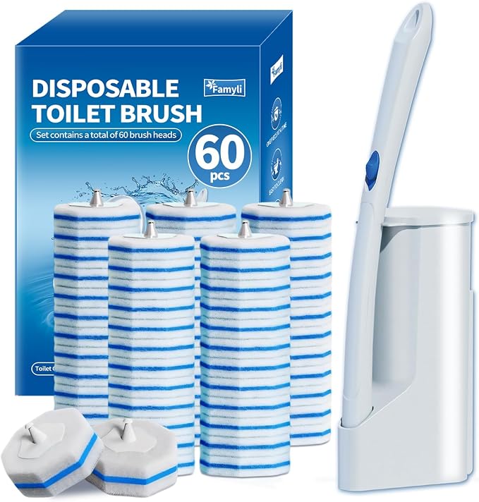 Disposable Toilet Brush Set with 60 Replacement Heads, Toilet Cleaning Replacement Pads, Starter Kit with Storage Case for Deep Cleaning and Hygienic Bathroom Maintenance