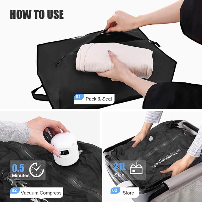 3 Pack Vacuum Travel Bags with Pump, 21L Compression Bags for Travel, IP67 Waterproof Airtight Zipper Vacuum Bags for Luggage & Backpack & Suitcase and Home Storage, Black