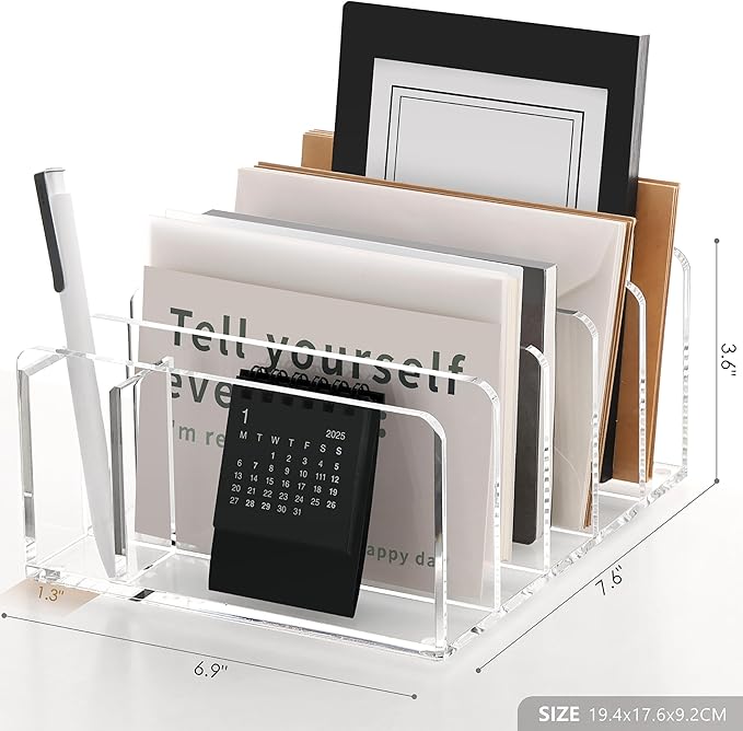 SANRUI Acrylic Mail Organizer, 5 Compartments File Holder for Desk, Letter Sorter with Pen Holder, Clear Countertop Document Sorter for Notebooks, Bills & Eyeshadow Palettes