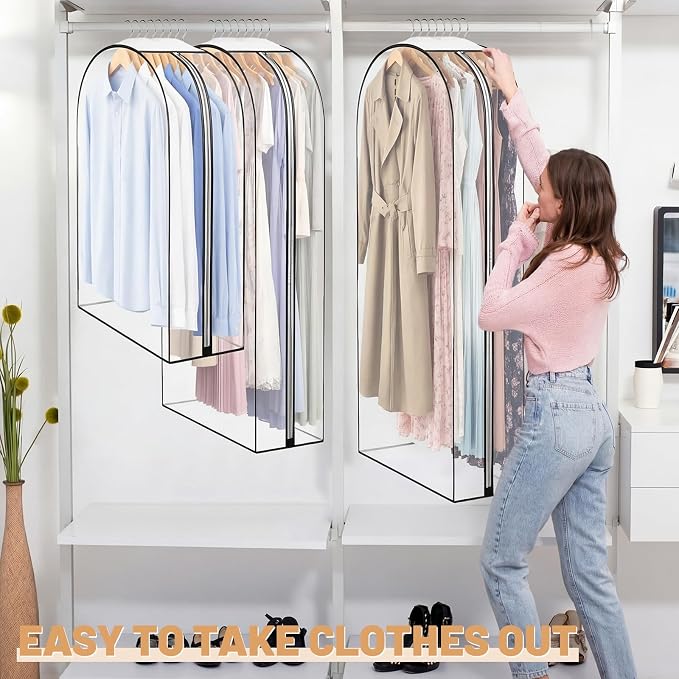 6 Pack Garment Bags for Hanging Clothes, 40"/50"/60" Suit Bags for Open Closet, 10" Gusseted Waterproof Dustproof Clothes Storage Closet, Dress, Coat, Travel(Transparent Style,Clear)